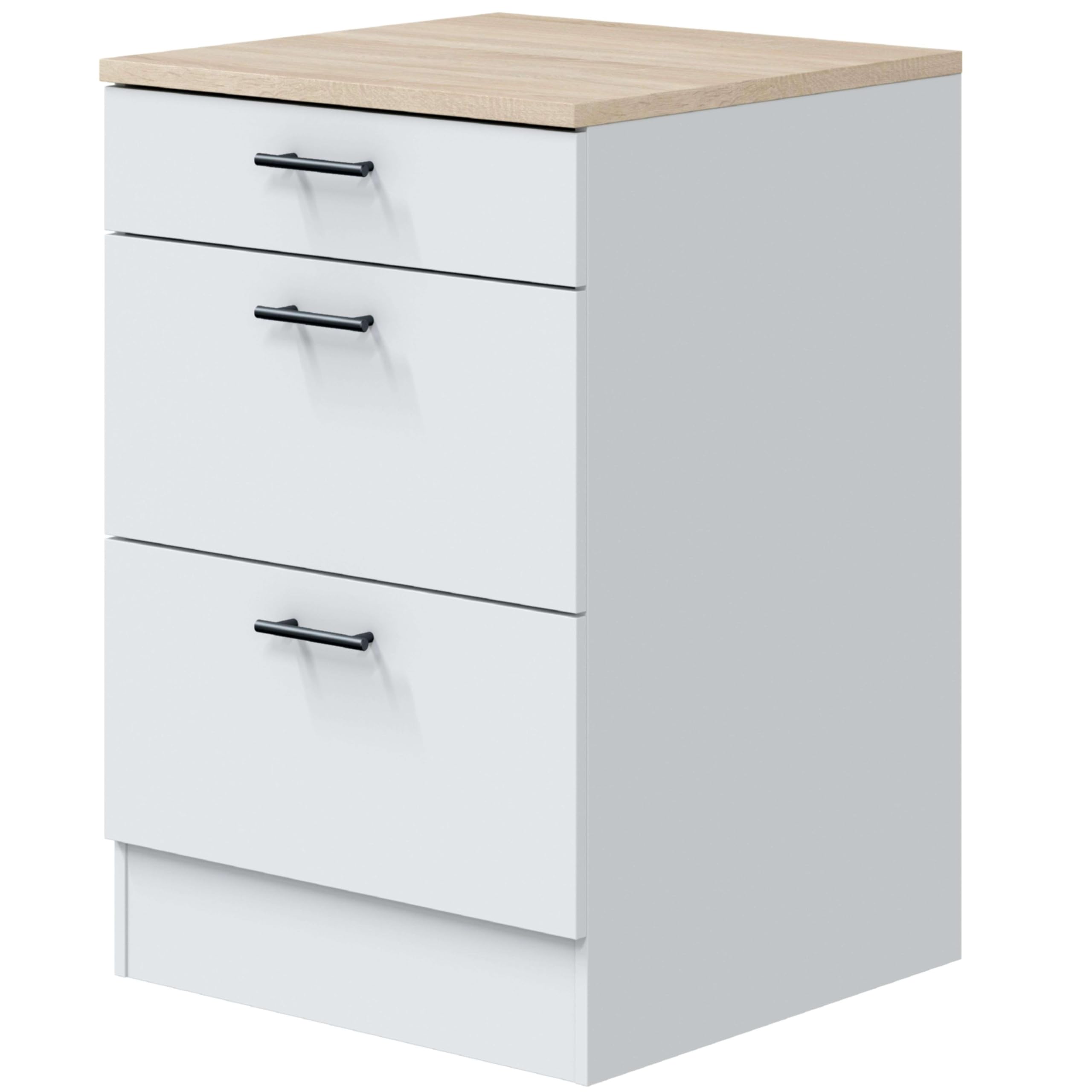 Bricohabitat Módulo Inferior Cocina Kira 3 Cajones Estilo Moderno Blanco Brillo y Roble Canadian 60x90x60 cm