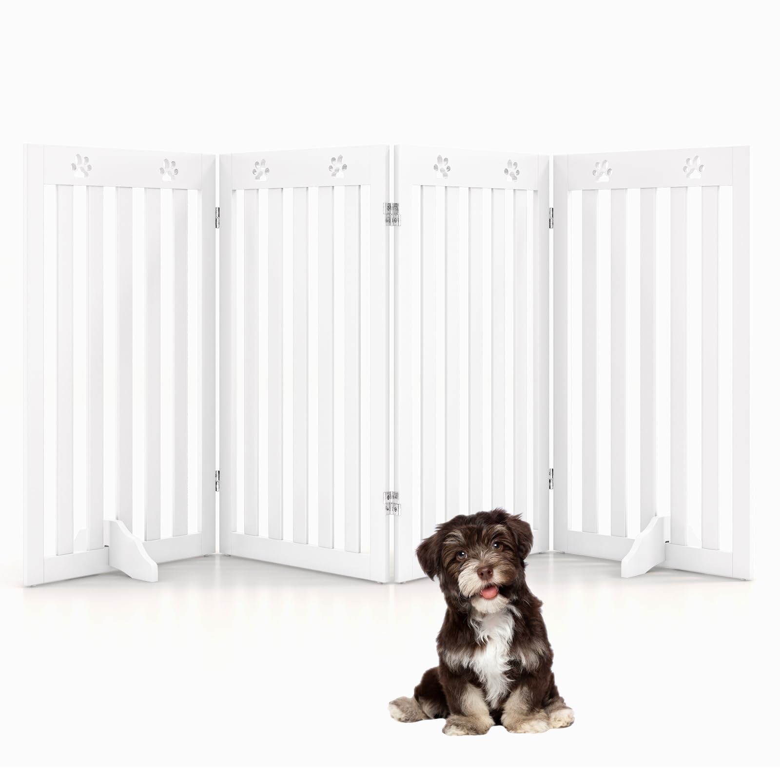 SOARS Absperrgitter Hund, 204x90cm Hundegitter Wohnung mit 2 Stützfüßen, Faltbares Schutzgitter, Treppengitter, Absperrgitter für Küche, Flur, Kamin & Ofen, 4 Paneelen, Weiß