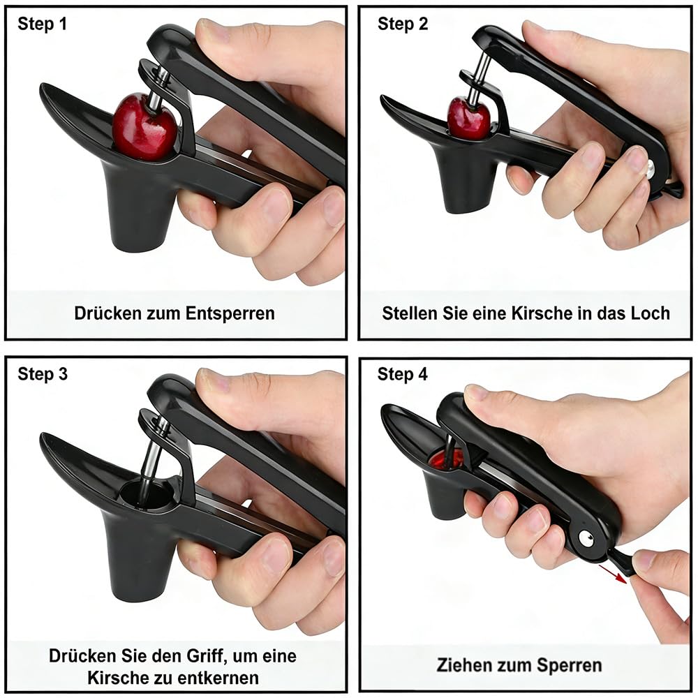 Dénoyauteur de cerises professionnel – Dénoyauteur manuel pour cerises et olives fraîches – Dénoyauteur de cerises avec utilisation à une main – Dénoyauteur de cerises et de prunes, noir