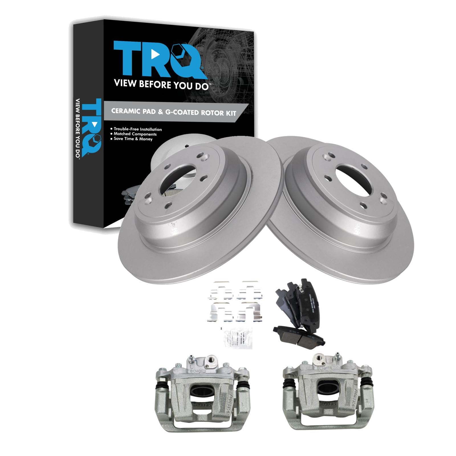 TRQ Rear Brake Pad and Rotor Set Ceramic G Coated Rotors Calipers
