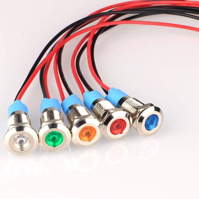 10 Spie LED 8mm Per Cruscotto Moto Auto - 12-24V, Metalliche Impermeabili, 5 Colori (Rosso, Giallo, Blu, Verde, Bianco) Con Cavi 150mm - 2