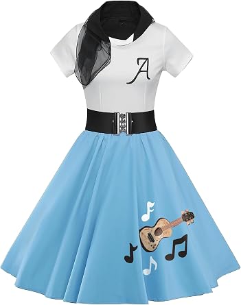 ZEZCLO Womens Retro Poodle Print Skater Dress Vintage High Waist Rockabilly Cocktail Party Swing Dresses Blue Guitar XXL