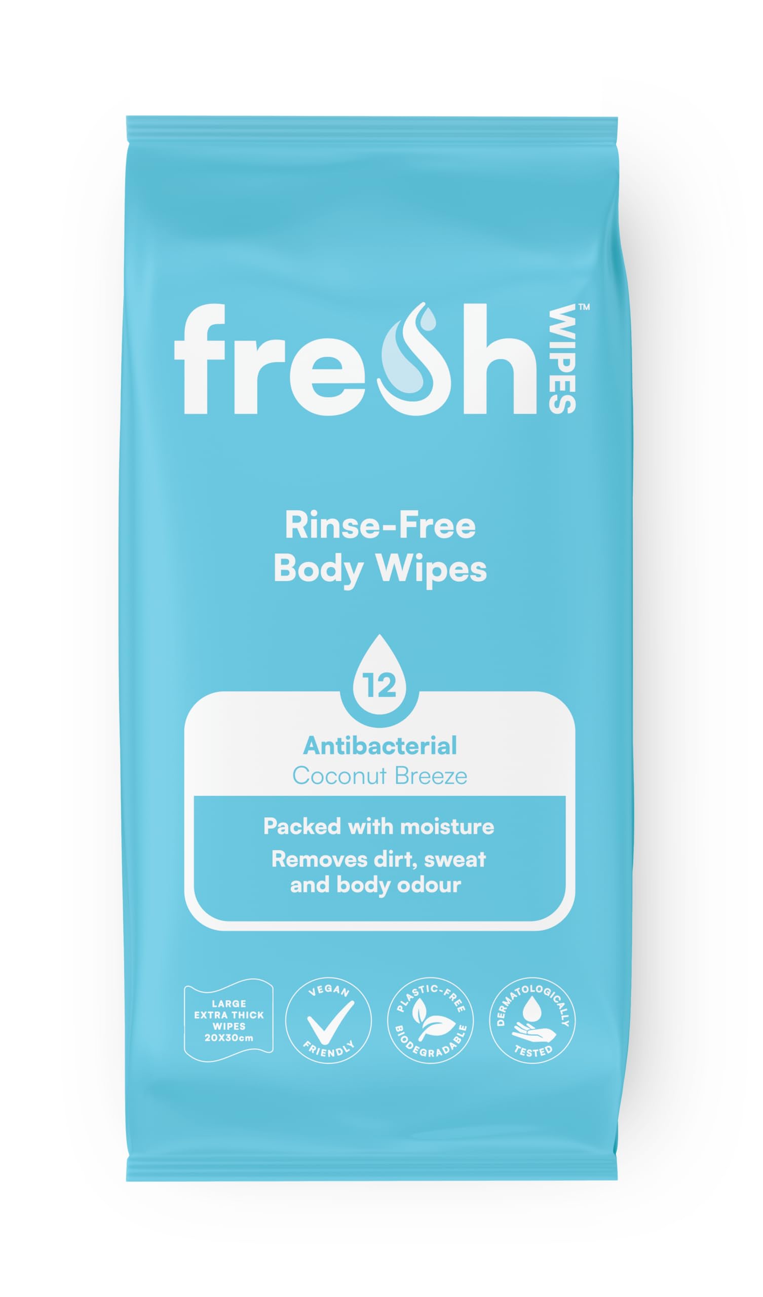 FreshWipes Antibacterial Body Wet Wipes For Adults 1 Pack (12 Wipes) - Coconut Breeze - Extra Large Biodegradable - Dermatologically Tested & Suitable for the Elderly or Disabled - Great for Camping