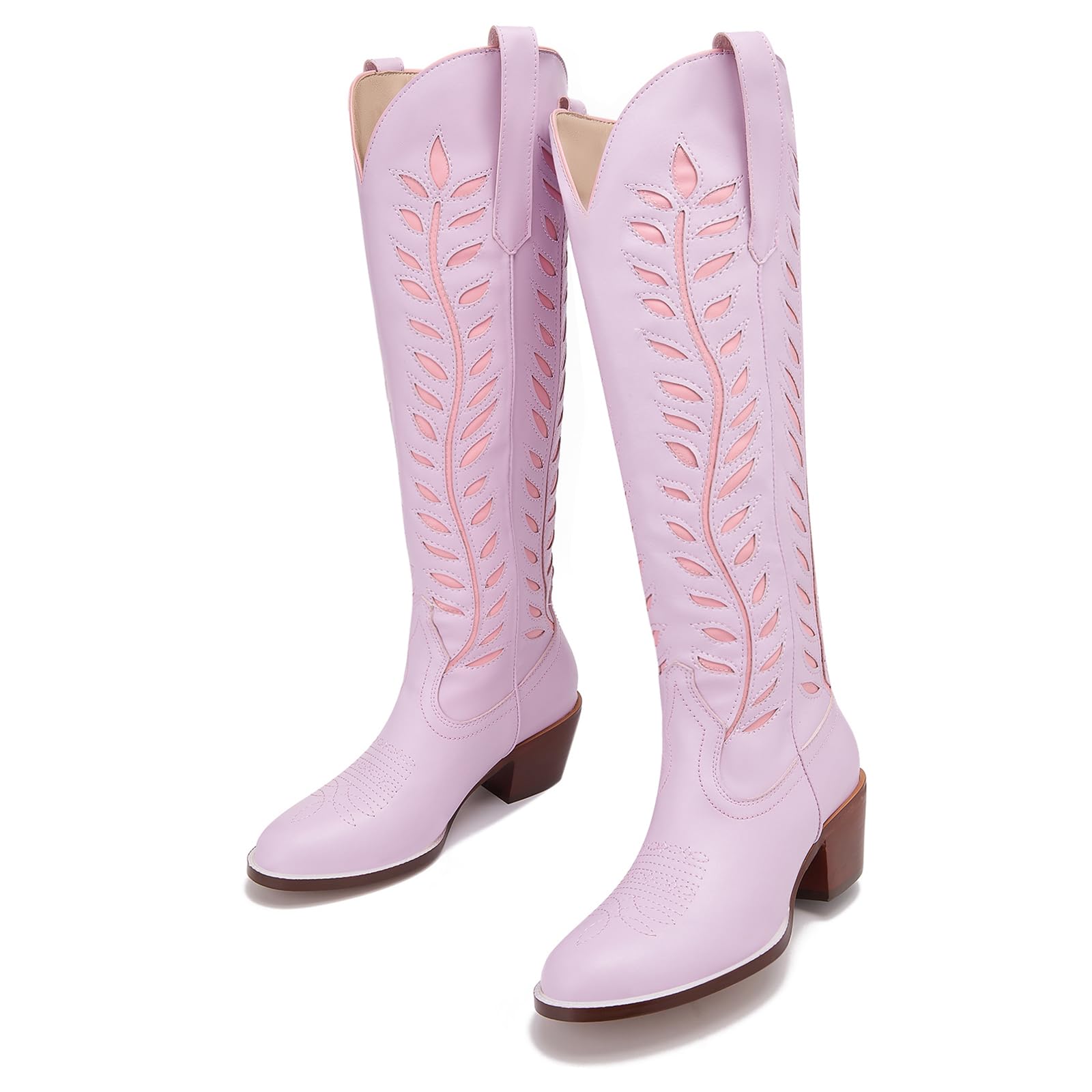 Yishaweiqi Embroidered Cowboy Boots for Women Almond Round Toe Chunky Heel Cowgirl Boots Pull On Knee High Western Boots with Contrast Foliage Inlay