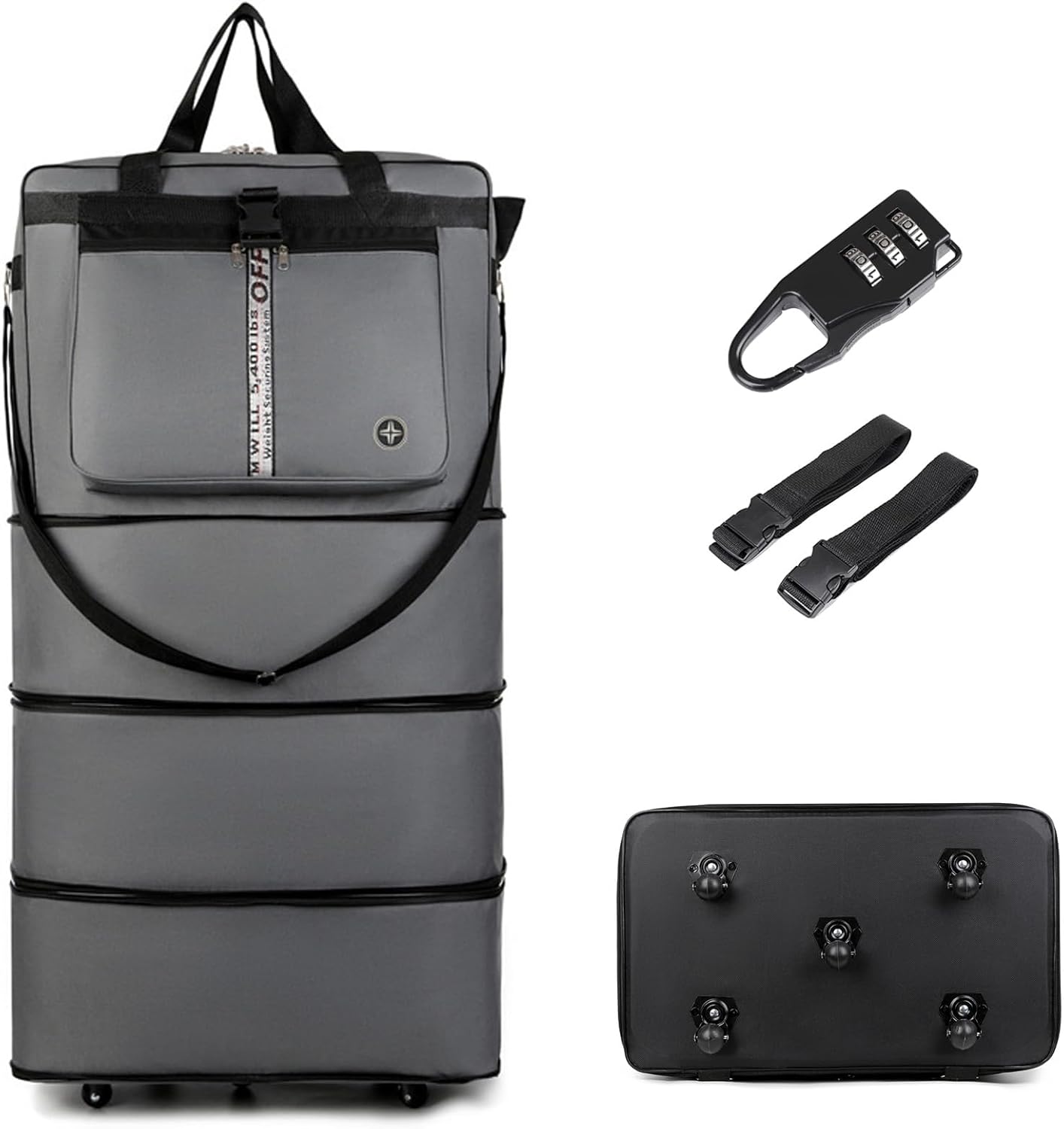 Expandable Travel Duffel Bag with Wheels, 42 Inch Large Luggage, 360° Spinner Wheels & Security Lock, Waterproof Foldable Suitcase, Collapsible Bag with Shoulder Strap, Oxford Cloth, Gray