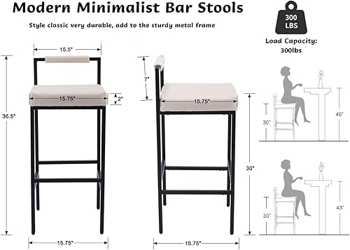 Miniatura 2 de CIMOTA White Modern - Juego de 4 taburetes de bar con respaldo bajo, taburetes de barra de lino altos, sillas de bar tapizadas, taburetes de