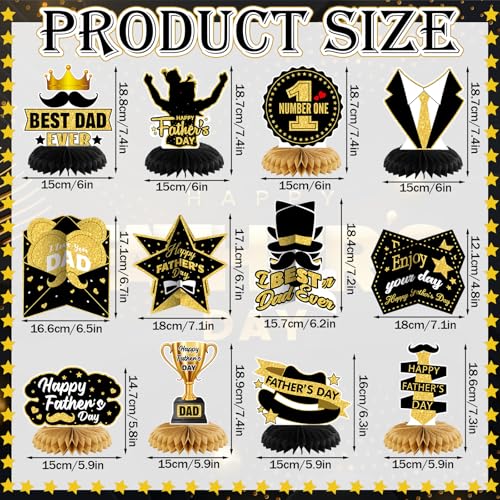 Image of 12 Pcs Father's Day Decorations Honeycomb Black and Gold Father's Day Centerpieces for Table Best Dad Ever Table Topper for Home Office Birthday Honeycomb Supplies Decor