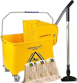 Balde Mop Profissional com Espremedor de Alavanca, Amarelo, 20L, Rodízios Giratórios, Divisor de Água, para Limpeza Pesada 3 Refis