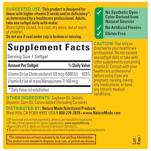 image for Nature Made Vitamin D3 K2 Supplement, 5000 IU (125 mcg) Vitamin D for 