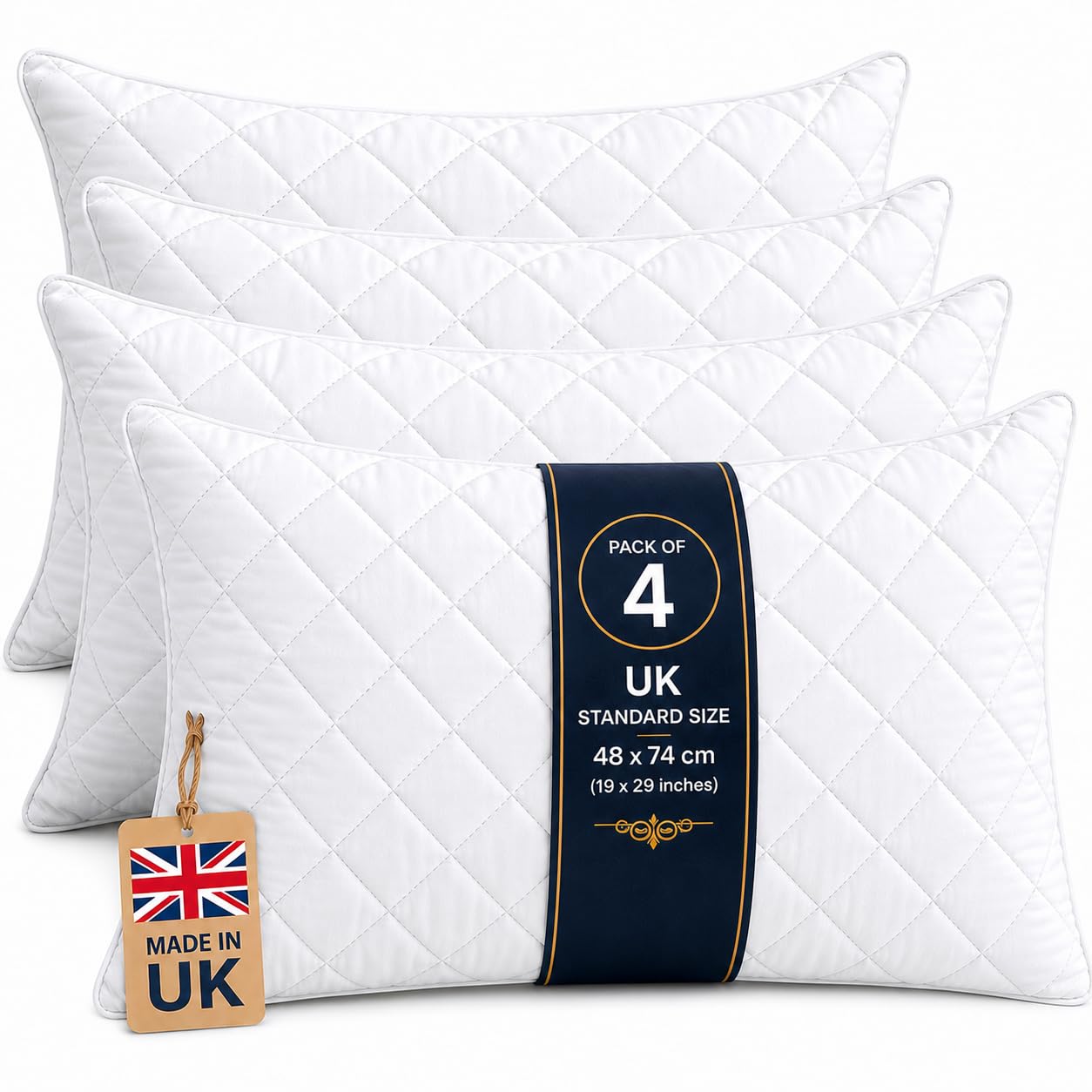 VL Hotel Quality Soft Quilted Pillows 4 Pack for Side Sleepers, Breathable Hollowfibre Filled Sleeping Pillows for Neck & Shoulder Comfort, Plush Bed Pillows for Better Sleep (4, Quilted Pillows)