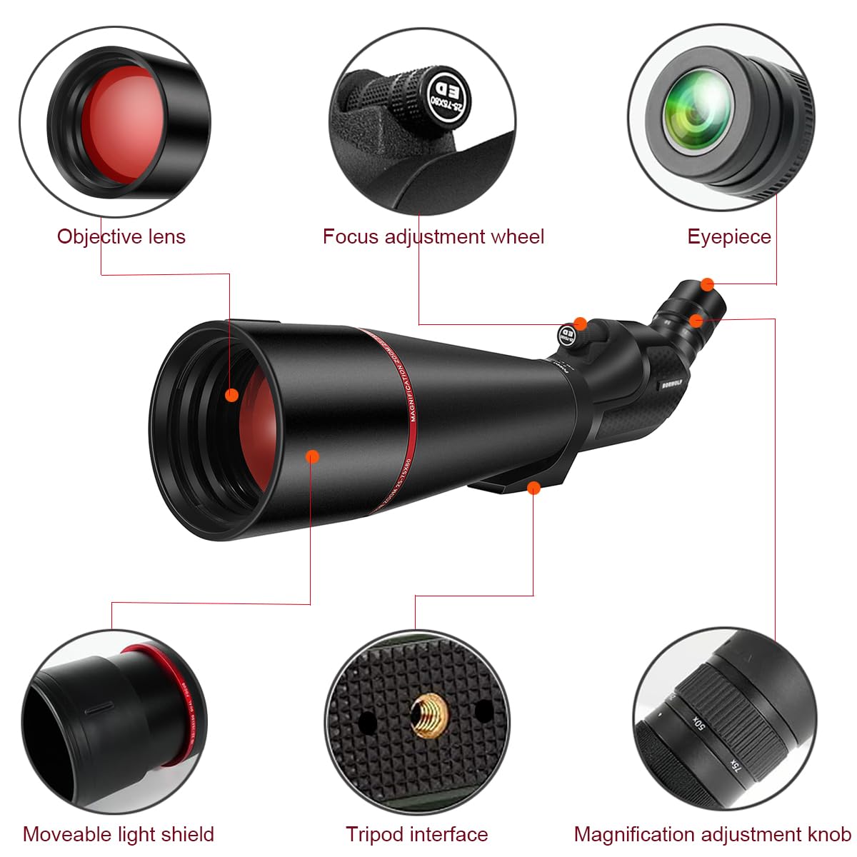 Lunette d'observation 25-75 x 80 pour tir et chasse – Lunette d'observation avec trépied adaptateur téléphone étanche HD pour tir sur cible, observation des oiseaux