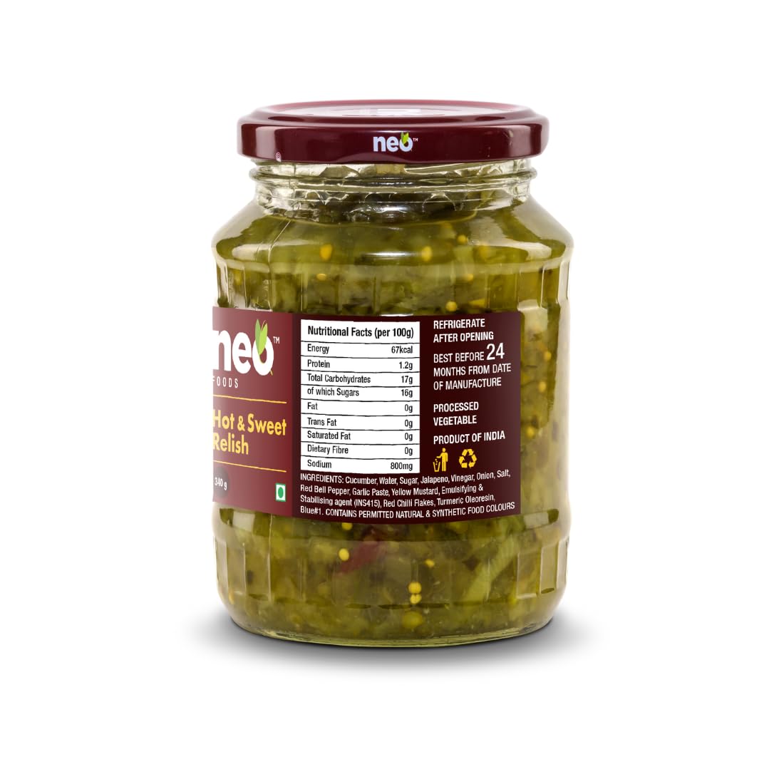 Neo Hot & Sweet Relish 340g I P4 I 100% Plant BasedI Ready-to-Eat Fibre-Rich I Dip for Snacks, Mix in Salads I Use as Sandwich Spread, Chutney I Healthy Food (Pack of 4) 1