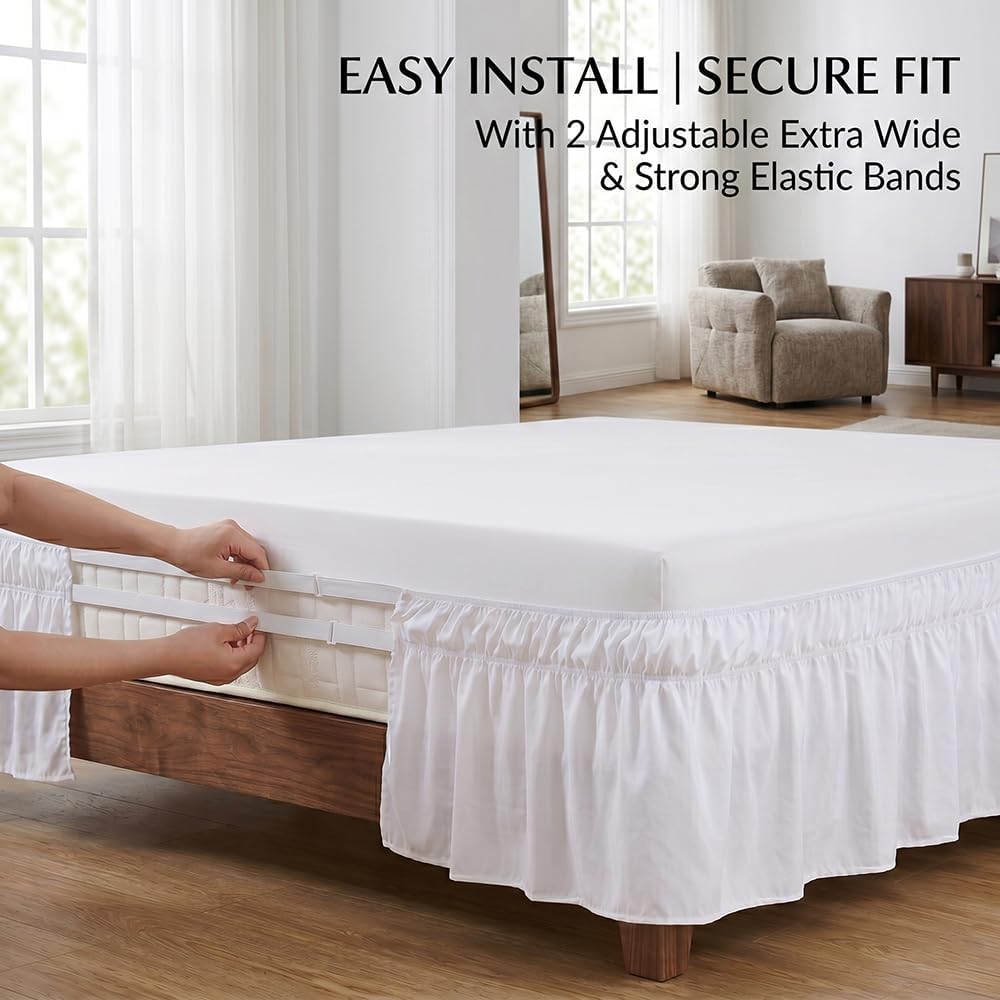 Wrap Around Ruffle Bed Skirt, Queen Size Beds Skirts, Bedskirt Elastic Dust Ruffled with Adjustable Belts, Tassel and Embroidered Bed Frame Cover (Floral, 79"×79")