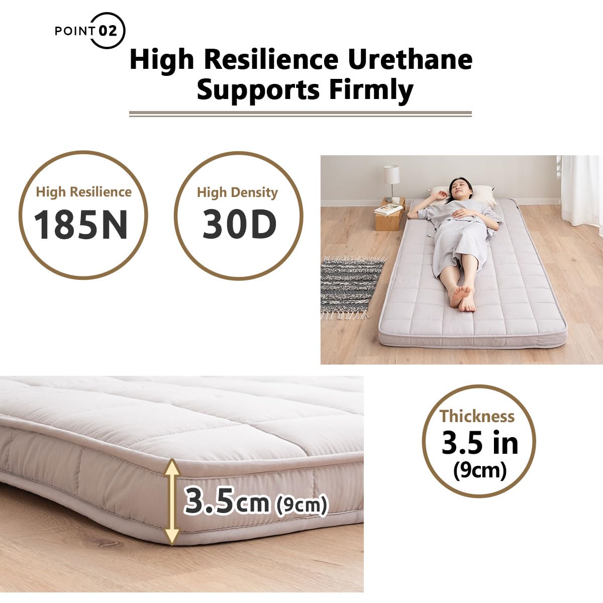 EMOOR Japanische Gepolsterte Futon Matratze Machi 90 x 202 cm Grau, Urethan- und Polyester (Fest) Zwickel Faltbar Speicherbar Gästebett Tatami-Matte