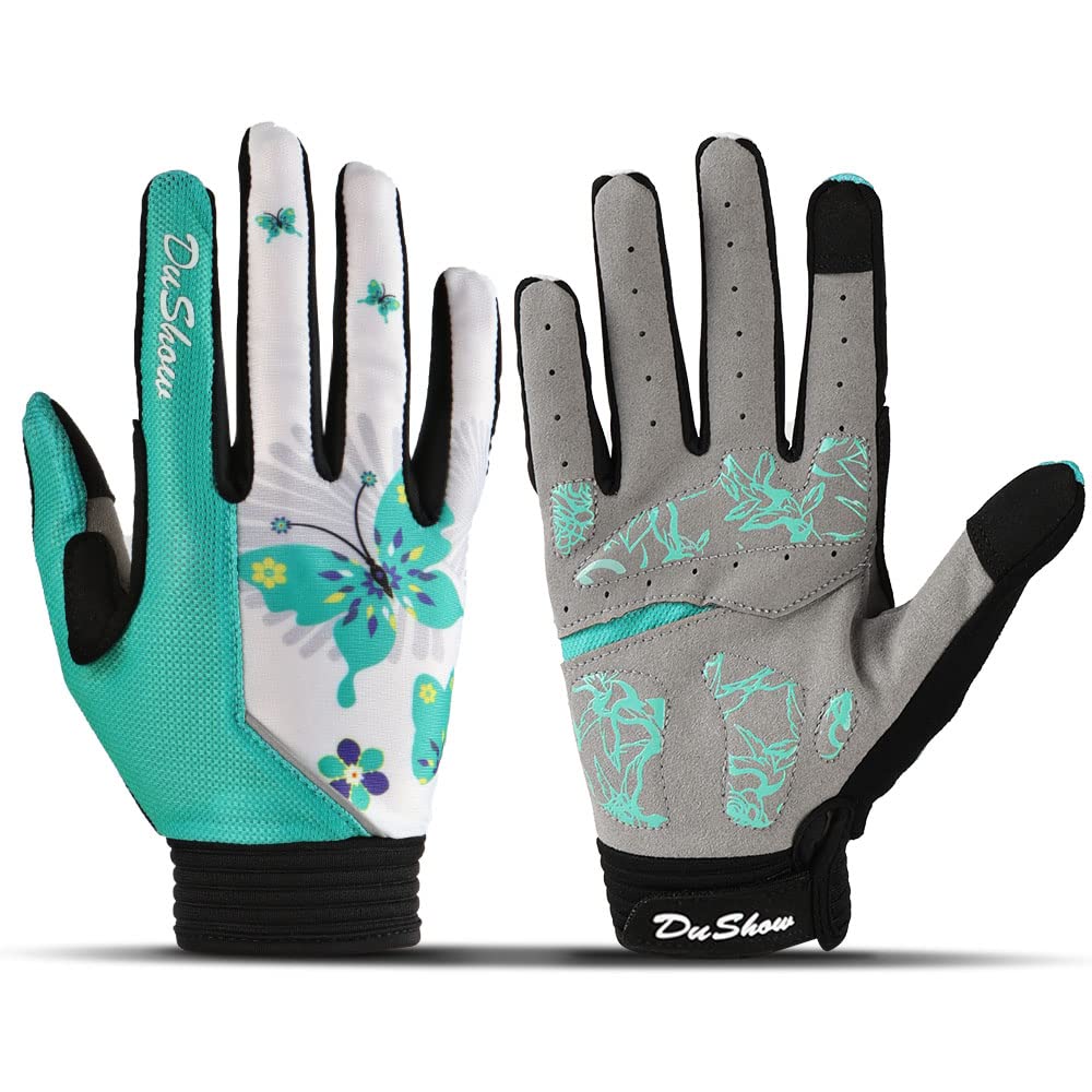 DuShow Bike Gloves for Women Cycling,Pink Floral Workout Gloves Women,Full Finger Biking Driving Riding Gloves for Women,Gel Padded Touch Screen Gym