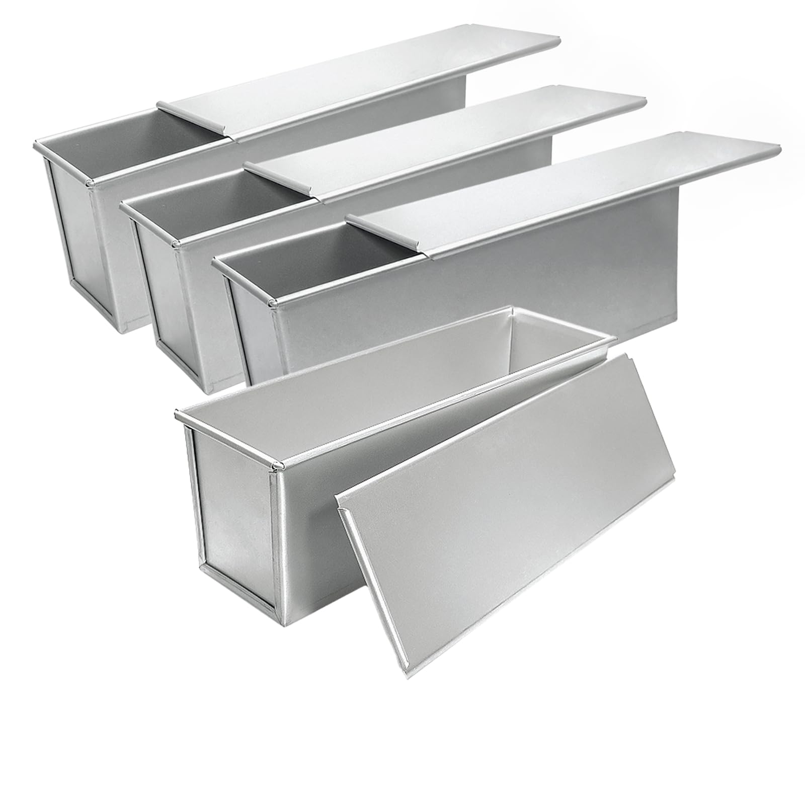 4 moldes para pan Pullman de 2 libras con raspadores de masa de 13 x 4 pulgadas, molde plateado antiadherente con tapa para hornear, tostadas de pan, para uso en horno