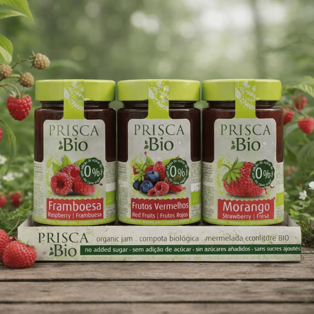 Confitures 100% biologiques de Framboise - Fruits Rouges - Fraise - Sans sucre ajouté - Produit biologique certifié - Emballage de 3 unités de 240 gr chacune