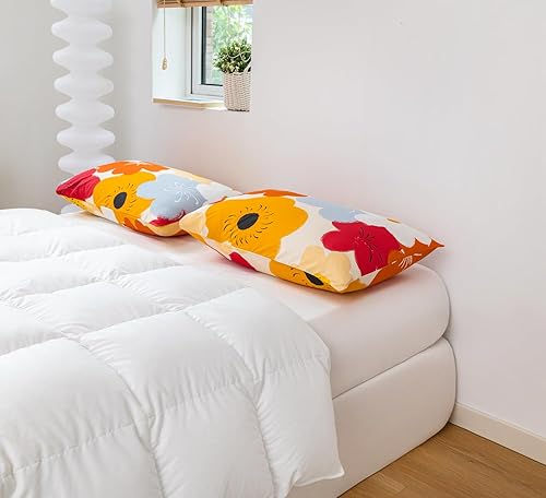 Miniatura 2 de SUSYBAO Juego de 2 fundas de almohada 100% algodón tamaño Queen con estampado de flores naranjas, cierre de sobre, fundas de almohada botánicas