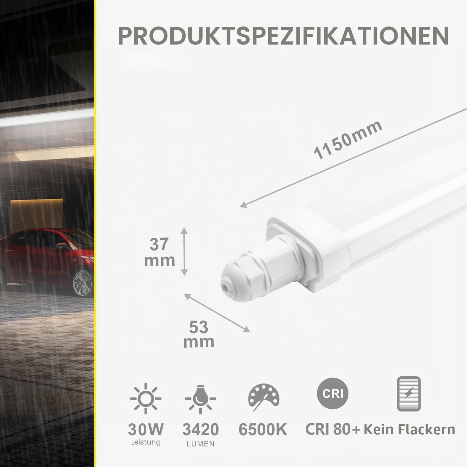 BrightFly 2 Stück LED Feuchtraumleuchte, LED Röhre 120CM 30W 3420LM, IP65 Wasserdicht, 6500K Kaltweiß, Deckenleuchte für Feuchträume, Garage, Lagerhalle und Werkstatt