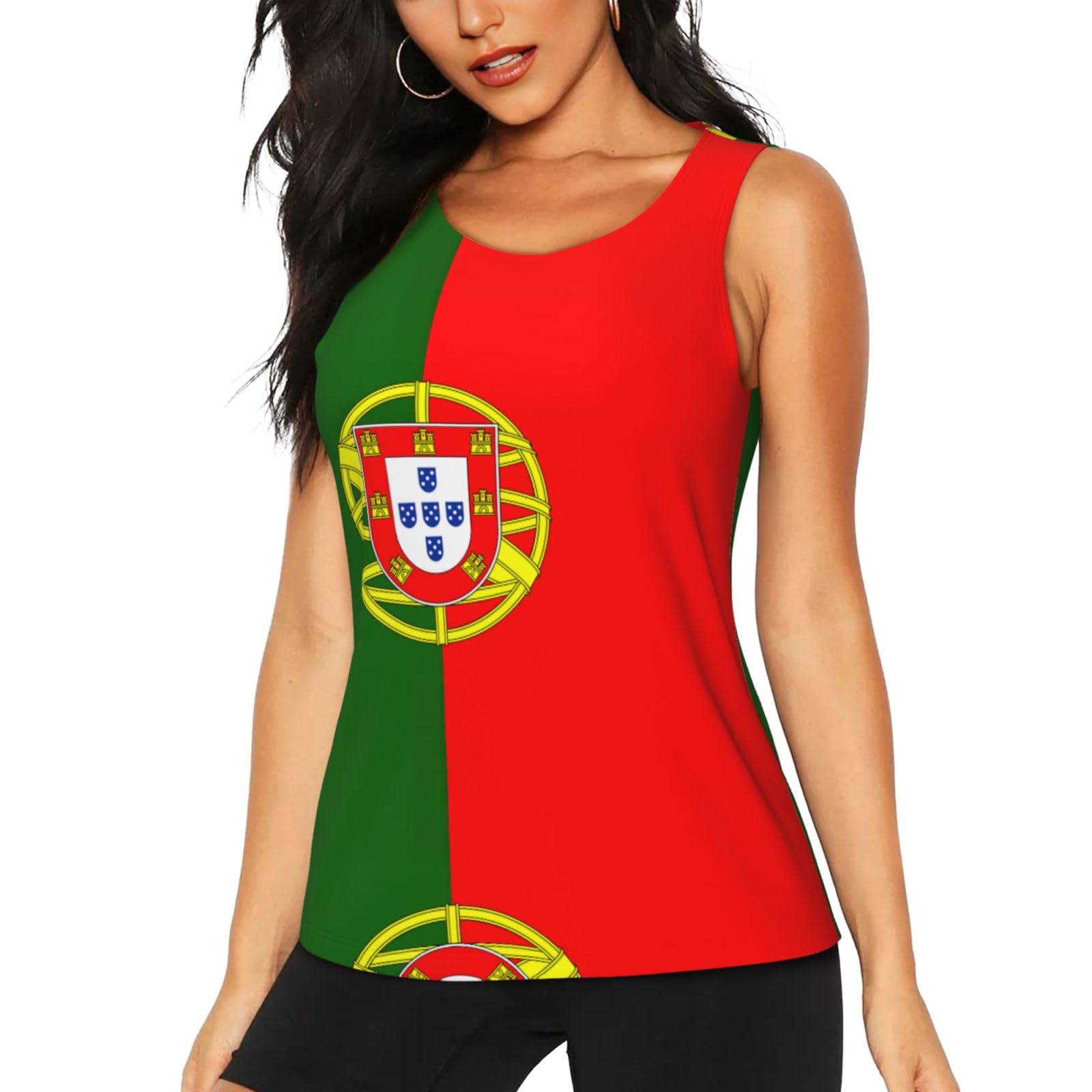 MDATT Portuguese Flag Printing Workout Tank Tops for Women, Athletic Racerback Sports Tank Tops, Sleeveless Dry Fit Shirts Black
