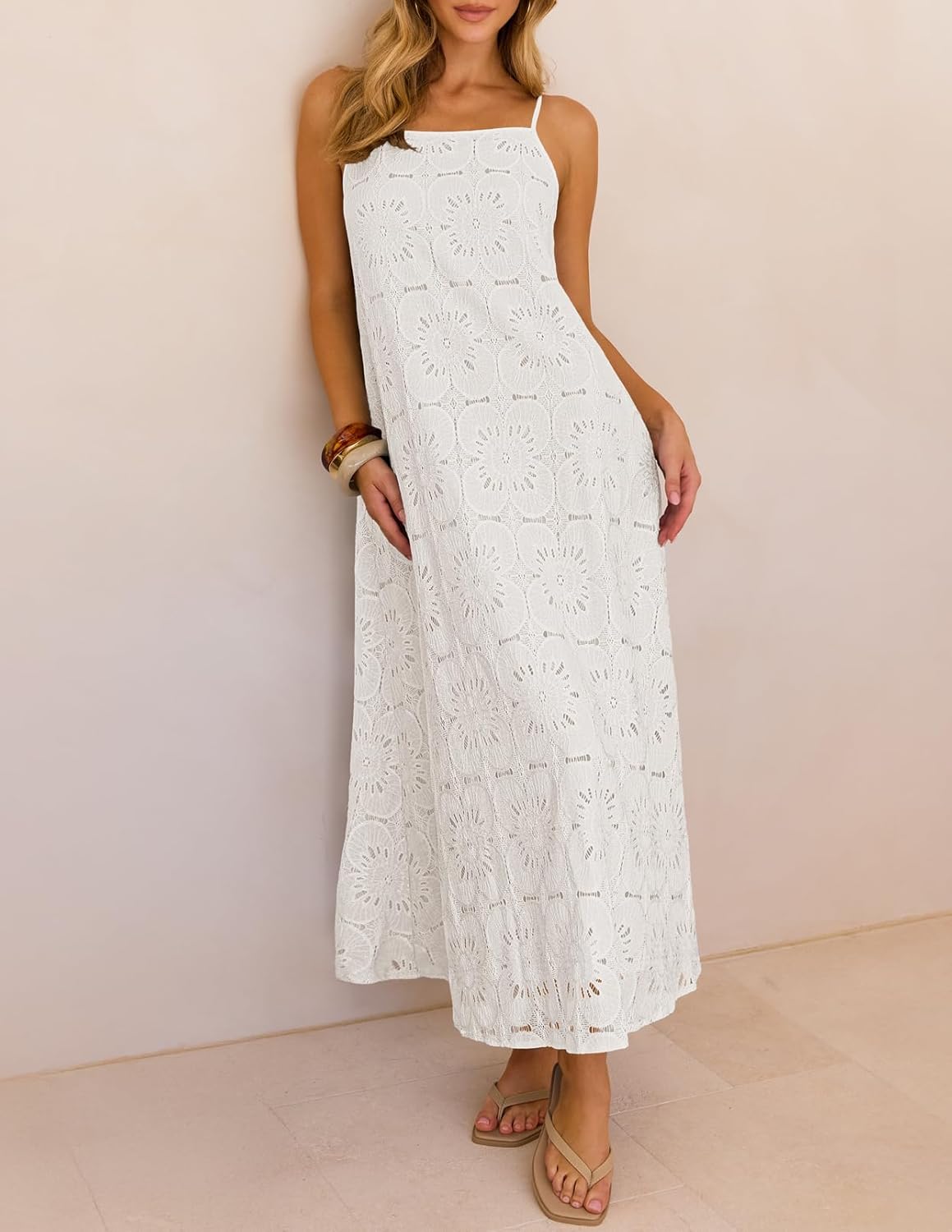 MEROKEETY Women's Summer Spaghetti Straps Sundress 2026 Casual Sleeveless Floral Lace Eyelet Boho Beach Maxi Dress - Image 7