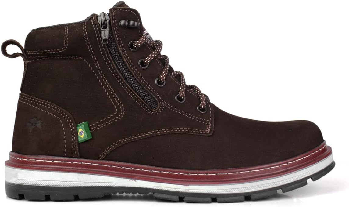 Bota Coturno Masculina Couro Marrom Cano Alto com Zíper Lateral Escalada Trilha