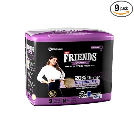 Friends UltraThinz Slim Fit Adult Diapers (Dry Pants) for Women - Medium - 9 Count with thin design, peach colour, and anti-rash - Waist Size 25-48 Inch ;6 3.5-122 cm