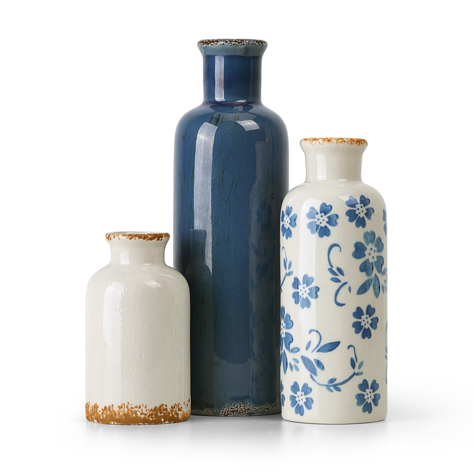 CUCUMI Ceramic Vases Set of 3, Blue and White Vintage Flower Vase for Farmhouse Shelves, Rustic