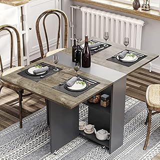 Folding Dining Table, Drop Leaf Dining Table with 6 Wheels and 2-Layer Storage Shelf, Space Saving Dining Table for Small Spaces, Chestnut and Gray
