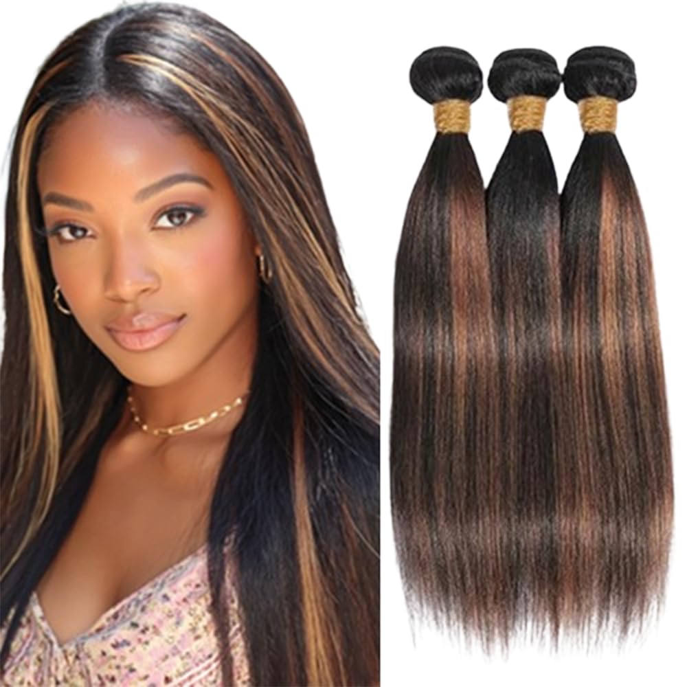 BilltiiWW Highlight Straight P1B30 Hair #1B Mixed With #30 Straight Bundles two tone Brazilian Human Hair Wavy Weave With Soft and Silky for Women 10 12 14 Inch