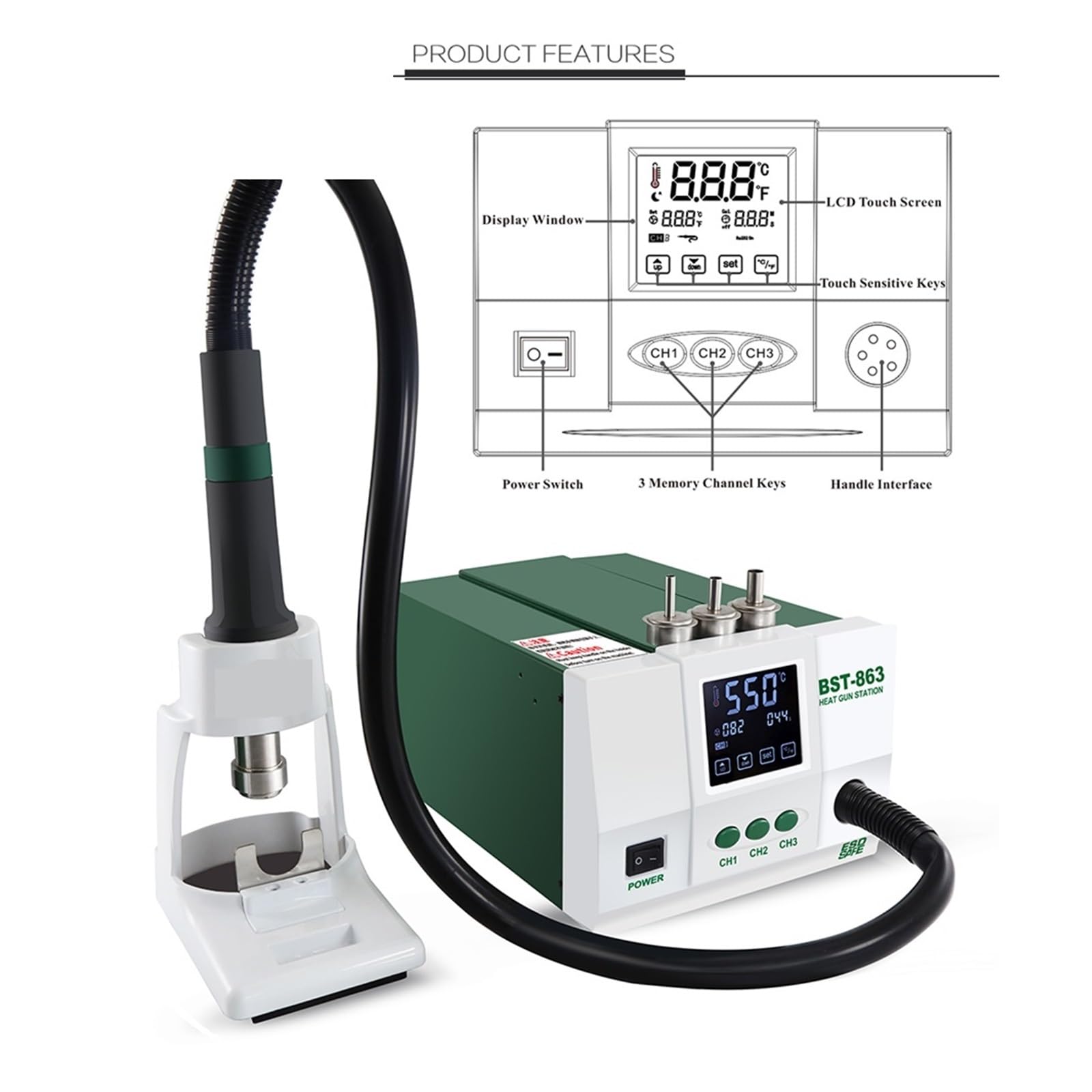 Stacja lutownicza, BST-863 Bezołowiowa Stacja Lutownicza Na Gorące Powietrze Ekran Dotykowy LCD 1200 W Do Procesora Telefonu PCB Stojak Na Wiatrak, Stacja Lutownicza Na Gorące Powietrze
