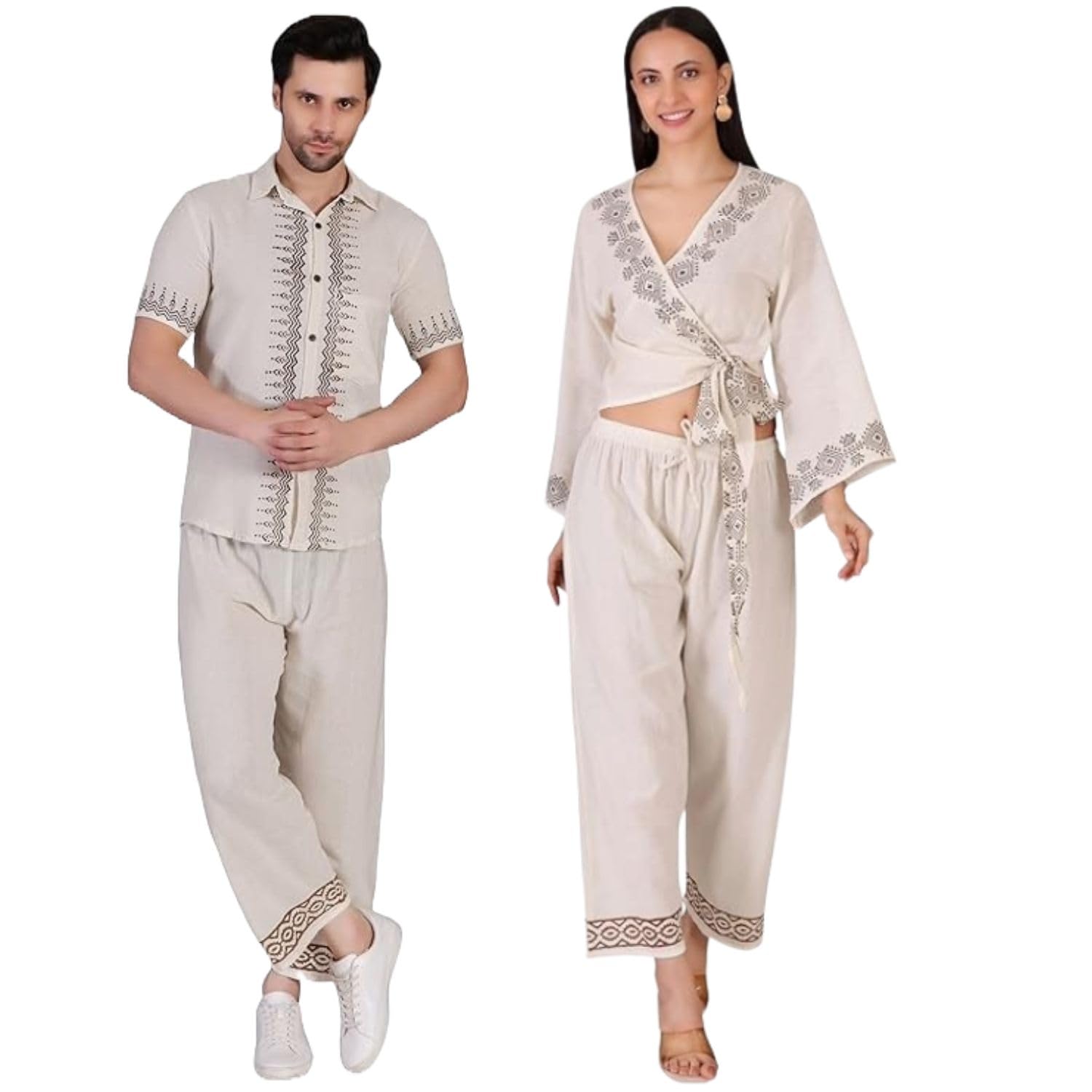 thread craft studio Khadi Cotton Couple Combo Set Women’s Block Printed Wrap Top & Pajama and Men’s Shirt & Pajama Set Boho Style Ethnic Wear for Casual Outings & Festive Occasions-picture-31