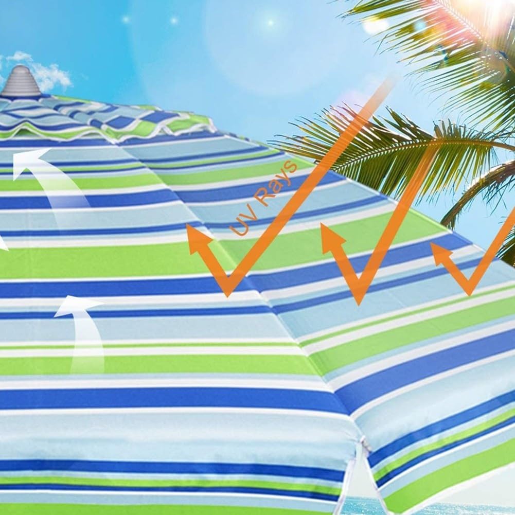 Ombrellone da spiaggia portatile a righe con ancoraggio per la sabbia, per esterni, patio, antivento, antipioggia, UPF50+, palo in alluminio resistente, ombrellone da giardino