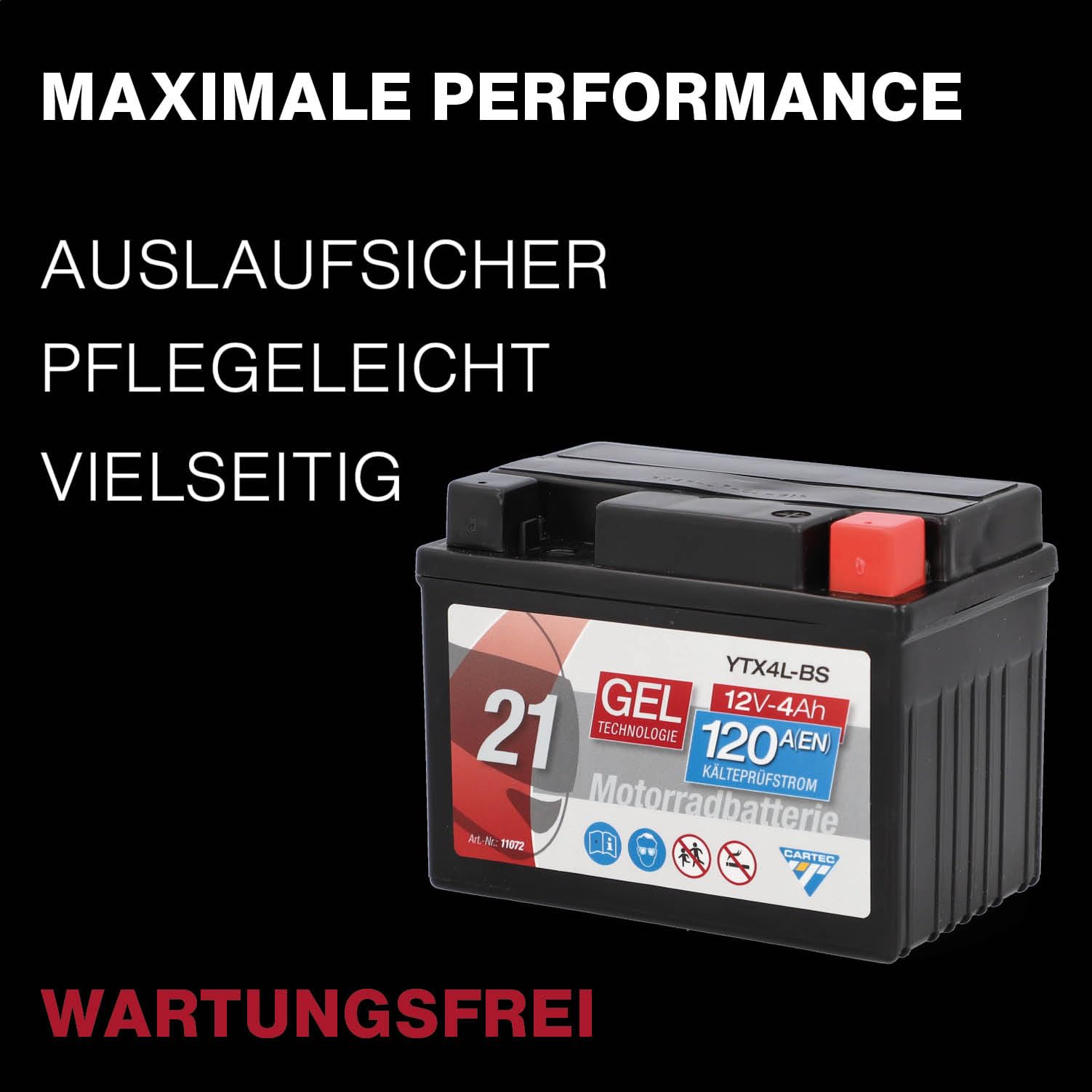 CARTEC Batterie Moto YTX4L-BS, 4Ah, 70A, Technologie Gel Batterie de Démarrage Moto, Qualité D'Origine, Résistante au Cyclage, Stockable, sans Entretien, Petite