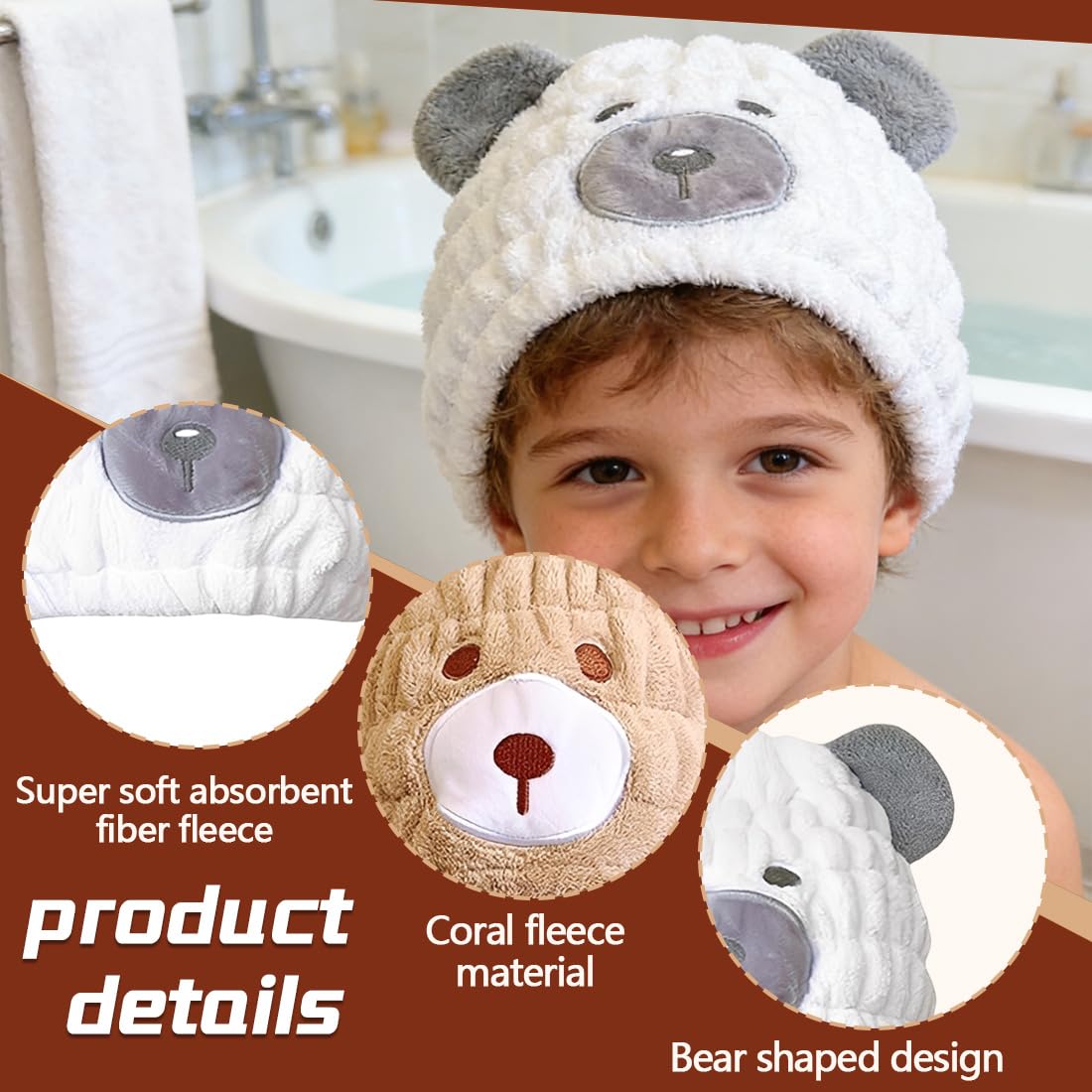 Turbante per capelli in microfibra anti-crespo per bambini, confezione da 2, turbante per capelli in cotone, asciugamano per la testa delle ragazze, cappello per capelli ad asciugatura rapida