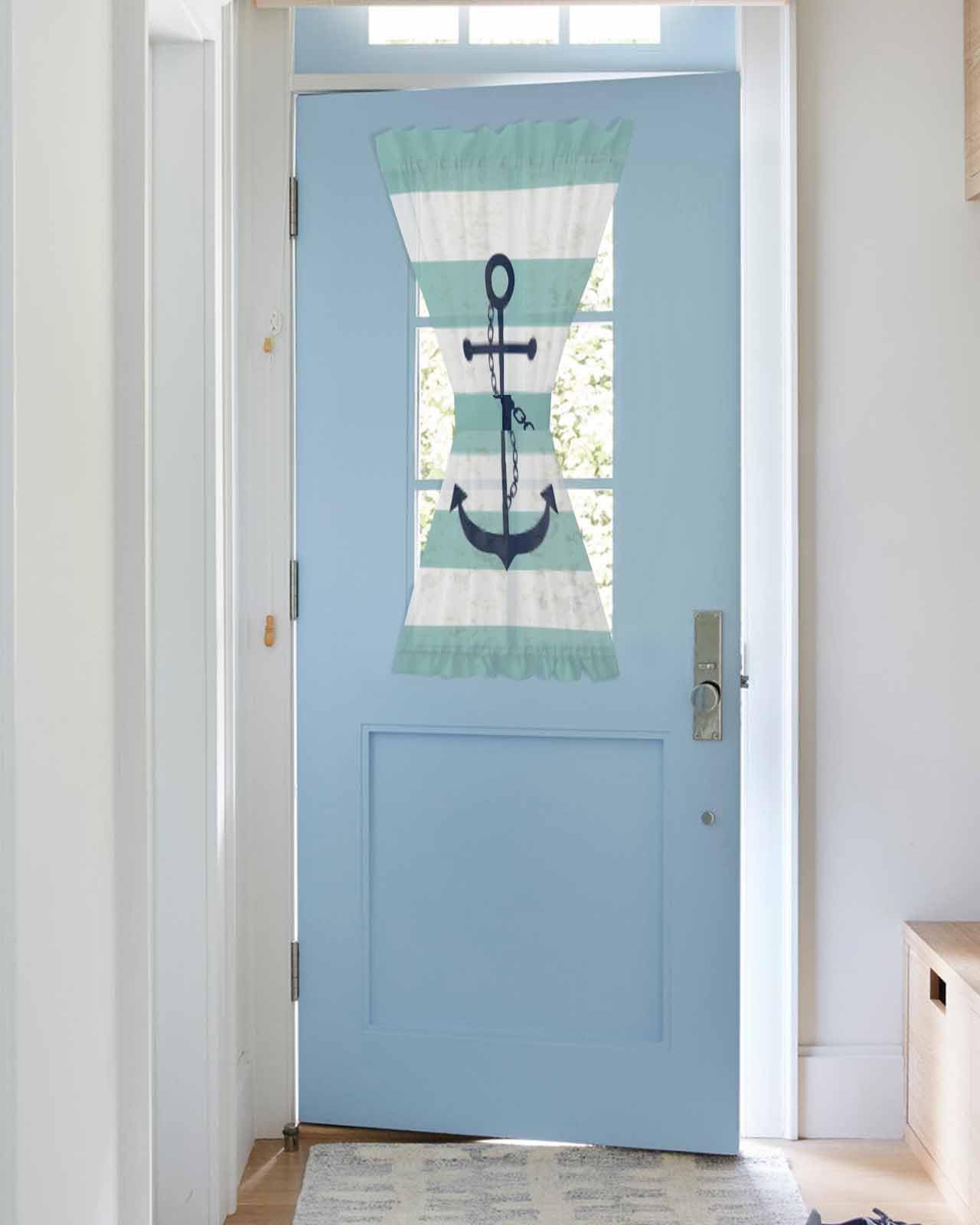 HERBED Sheer French Door Curtain Turquoise Nautical Anchor Geometric Stripes Pattern Semi Sliding Door Curtains Light Filtering Voile Front Door Patio