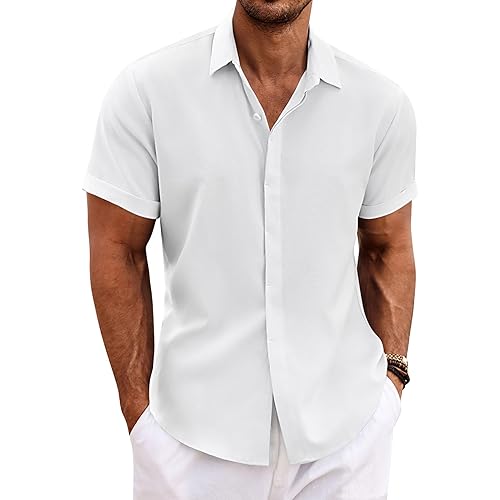 COOFANDY Men's Linen Shirts Short Sleeve Casual Shirts Button Down Shirt for Men Beach Summer Wedding Shirt