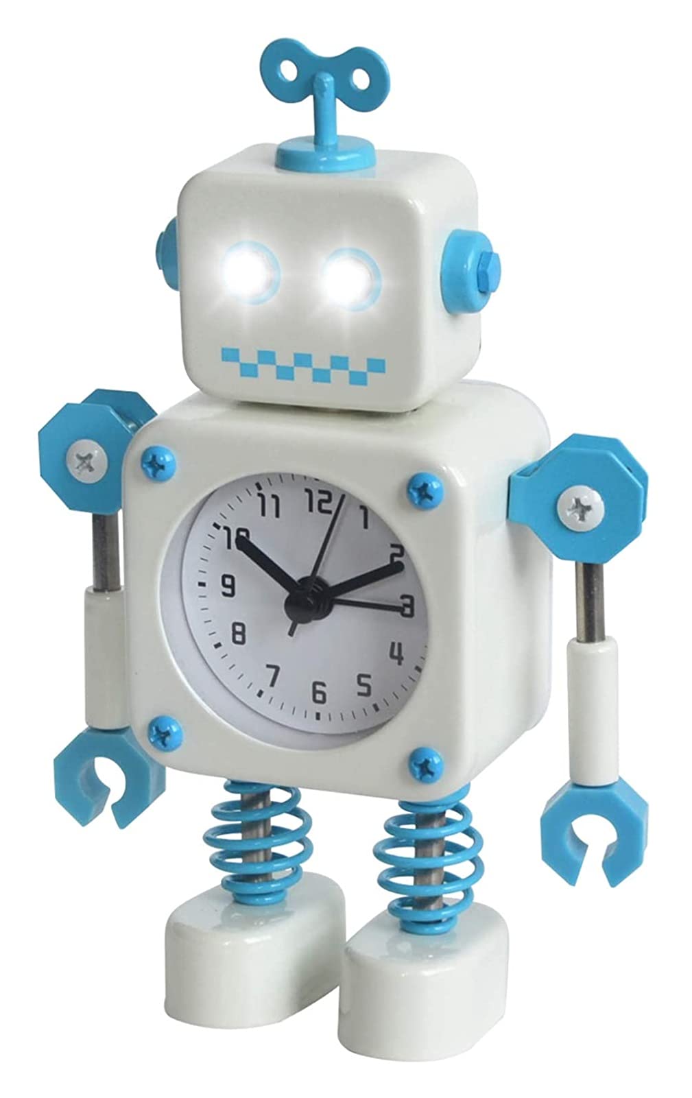 TXXMM Diskary Robot Alarm Clock,Stainless Metal Non-Ticking Wake-up Clock with Flashing Eye Lights and Rotating Arm,Gift to Children (Red White) (Color : White)