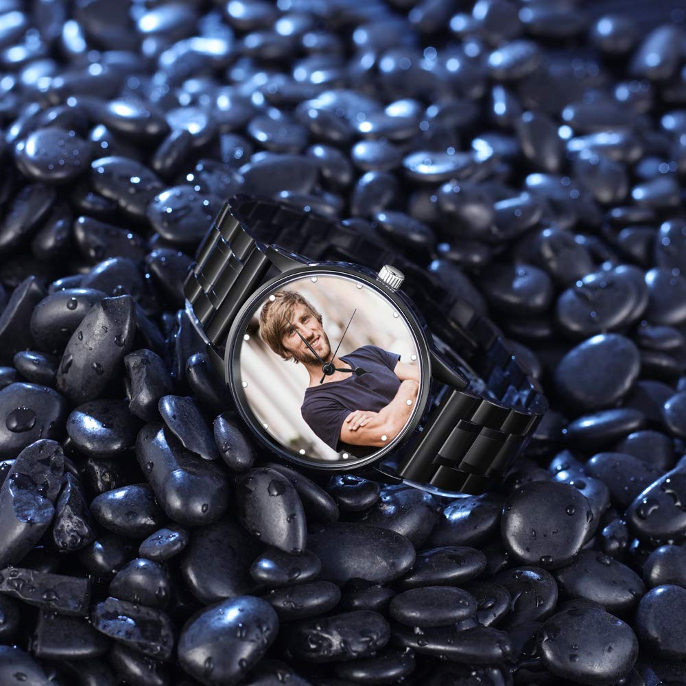 kaululu Personalisierte Armbanduhr Herren mit Foto und Namen Gravur, Uhren mit Edelstahl PU-Lederarmband, Geschenk für Papa, Ehemann, Opa, Vatertagsgeschenke