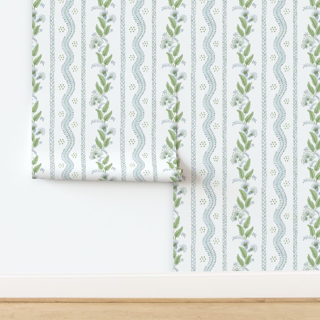 Spoonflower Peel & Stick Wallpaper 3ft x 2ft - Soft Blue Greens White Stripe Green Floral Dots Traditional Custom Removable Wallpaper