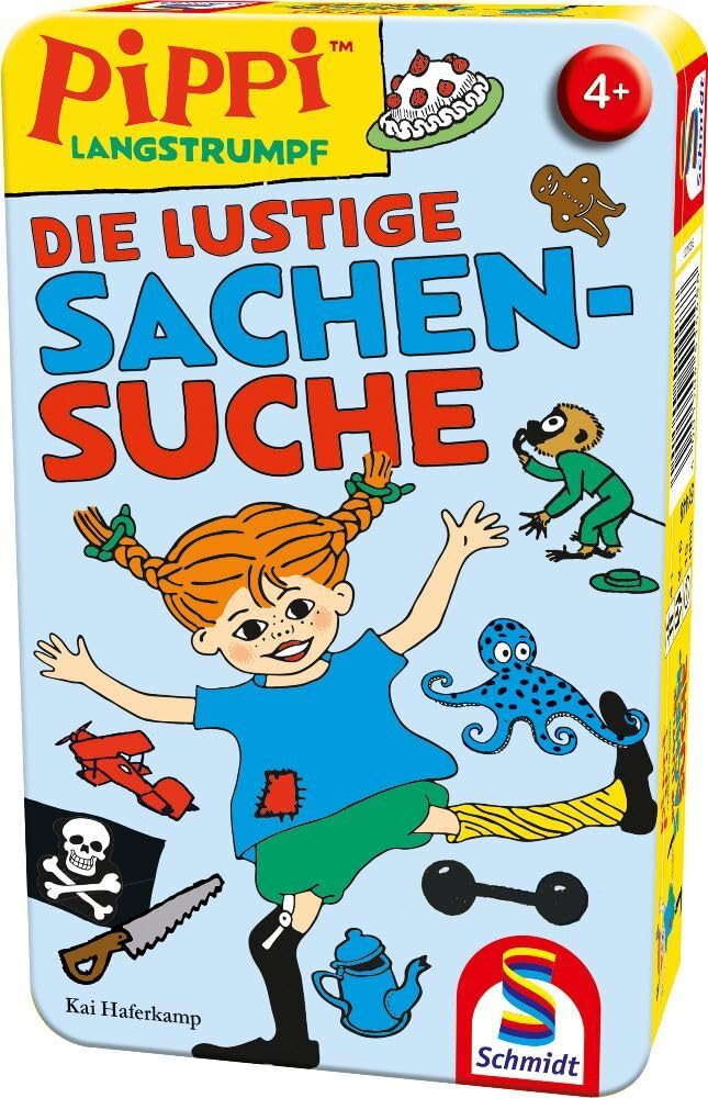 Schmidt Spiele 51448 Pippi długie pończochy, zabawne poszukiwanie rzeczy, gra podróżna, gra w metalowej puszce, normalne
