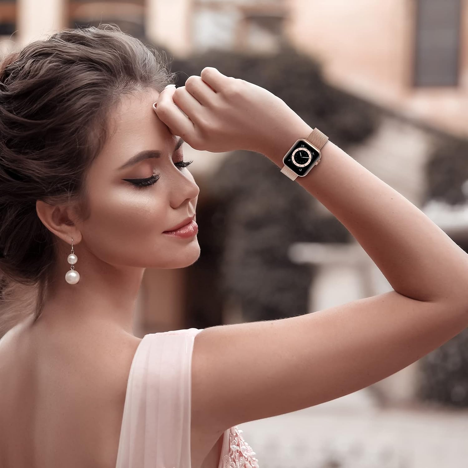 OUHENG Compatible with Apple Watch Bands 41mm 40mm 38mm 45mm 44mm 42mm, Magnetic Stainless Steel Mesh Loop Metal Band Strap for iWatch Series 7 6 5 4 3 2 1 SE (Rose Gold, 41mm 40mm 38mm) Photo