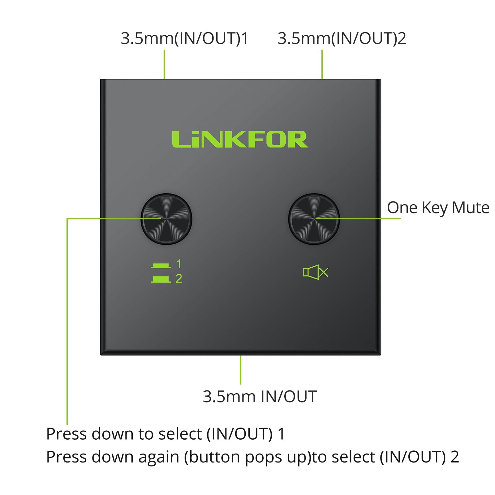 LiNKFOR 3.5mm Audio Switch Switcher con Pulsante Mute Commutatore Audio Bidirezionale Stereo 2-in-1 Out per Computer