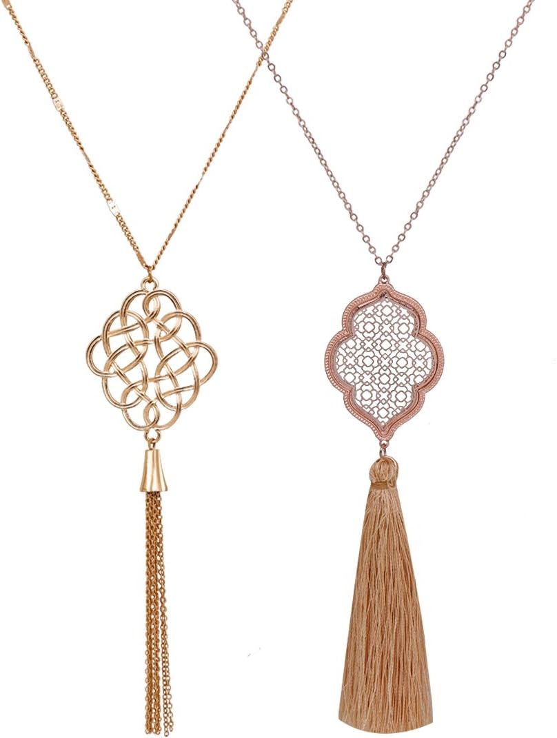 2Pcs Long Chain Pendant Necklace Set, Filigree Quatrefoil and Celtic Knot Pendant Tassel Y Necklaces for Women