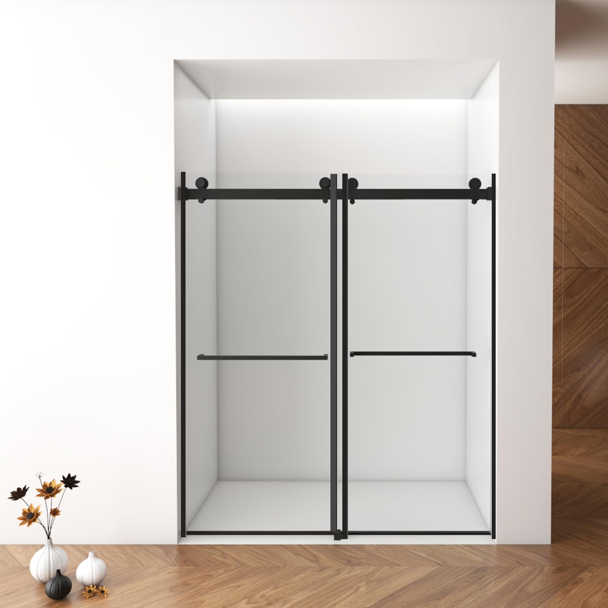 HiHomely 56-60 Inches Frameless Double Sliding, 76 Inches Height, 10mm Tempered Glass, Easy-clean Coating, Matte Black Finish With Buffer – Premium Shower Enclosure