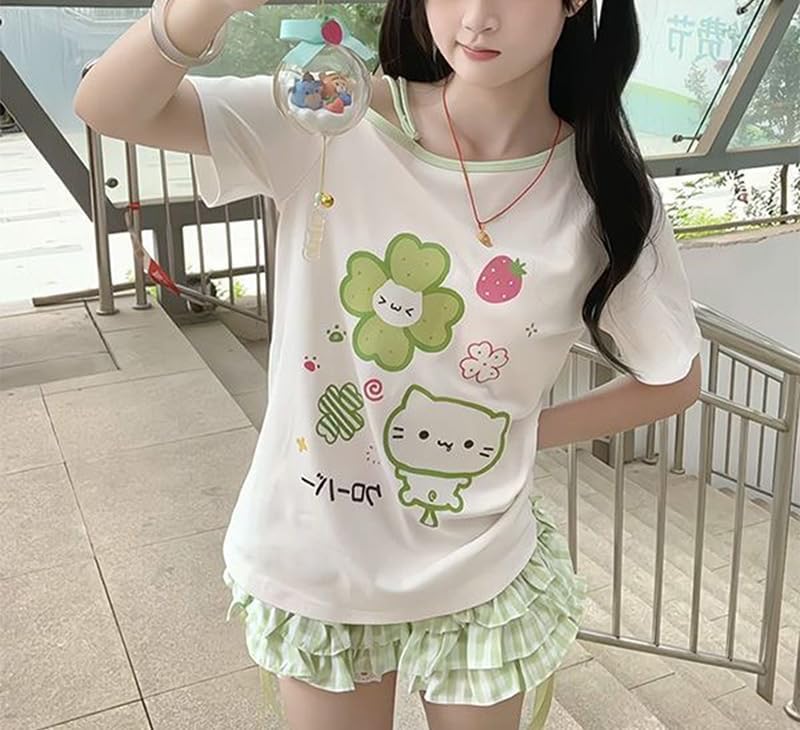 Womens Y2K Off Shoulder Kawaii T-Shirt Suit Hrajuku Plaid Ruffled Lace Pumpkin Short Pants Cute Cat Graphic Tops - Image 3