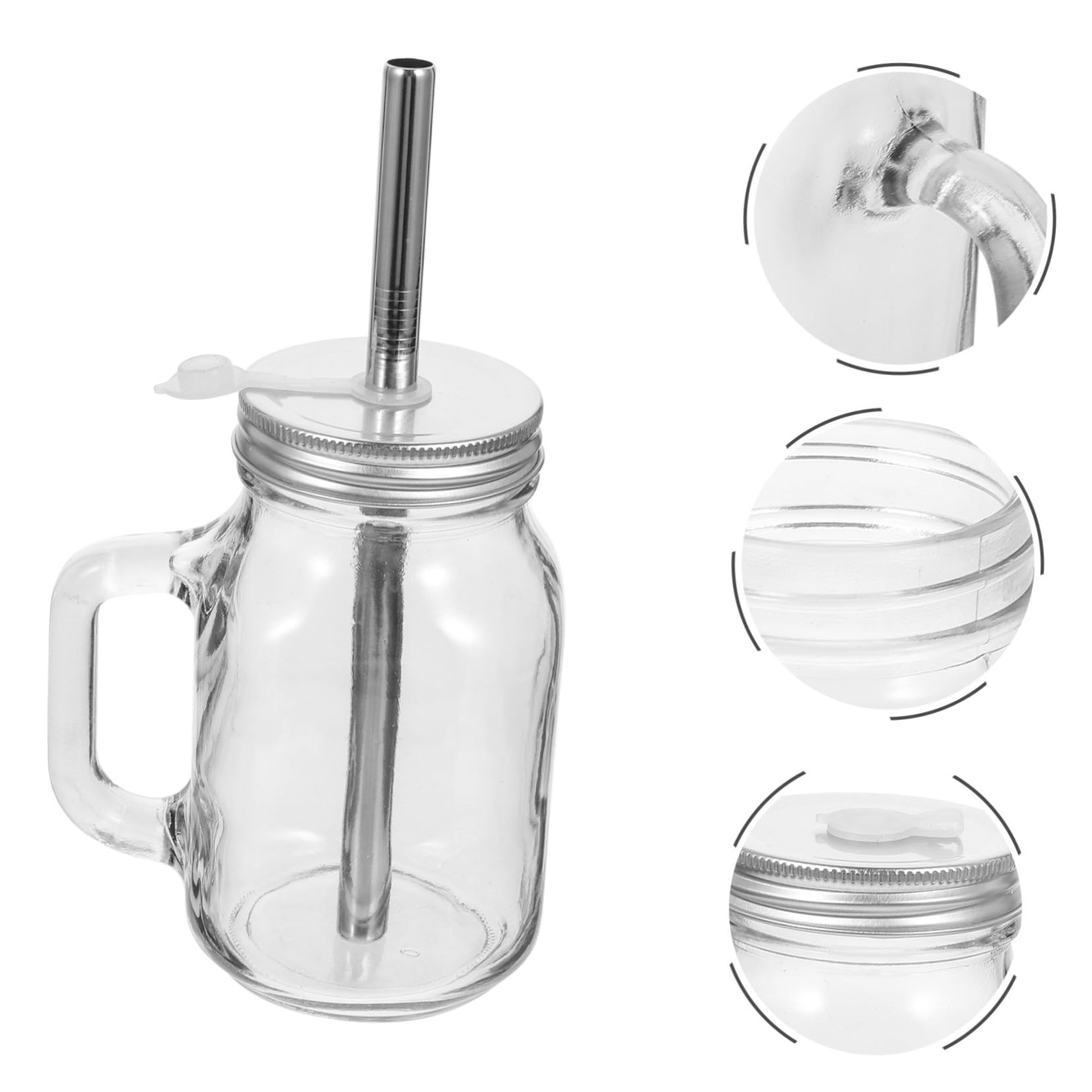 Uonlytech Vasos de Vidrio Capacidad 650ml Juego de 2 con Pajita y Tapa para Almacenar Jugo y Yogur, Diseño de Fondo Plano y Acero Inoxidable