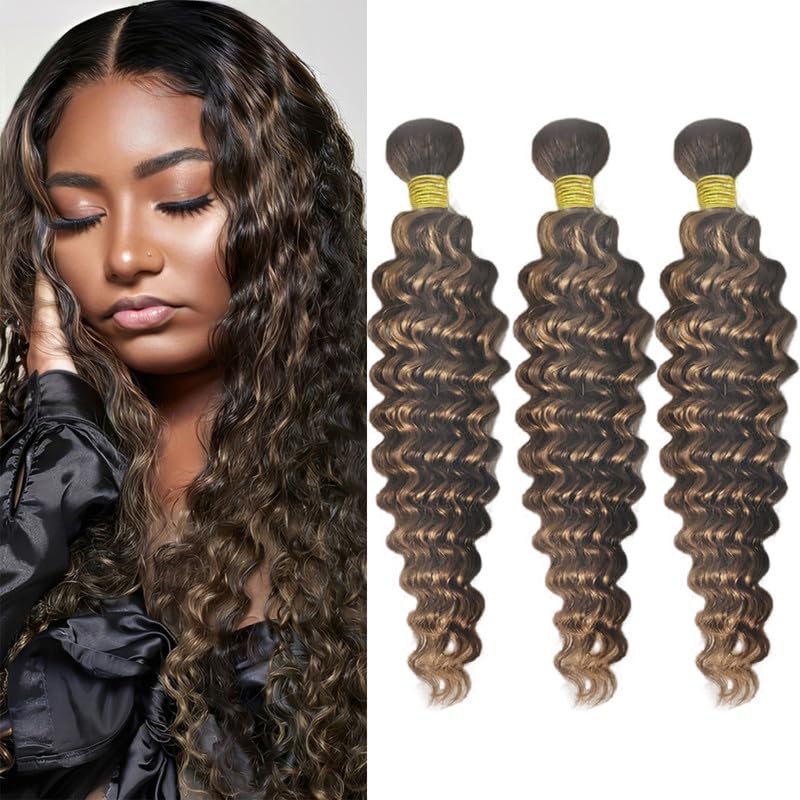 Deep Wave Bundles Human Hair 8 10 12Inch Brown Highlight Bundles Human Hair Weave for Black Women Brazilian Virgin Hair 3 Bundles（Black and Light Brown，#P1B/30）