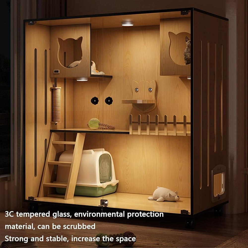 Recinzione per gatti, grande casetta in legno per interni ed esterni, con porte di fuga e rotelle, gabbia per gatti chiusa multi-funzione, per casa e negozio di animali domestici