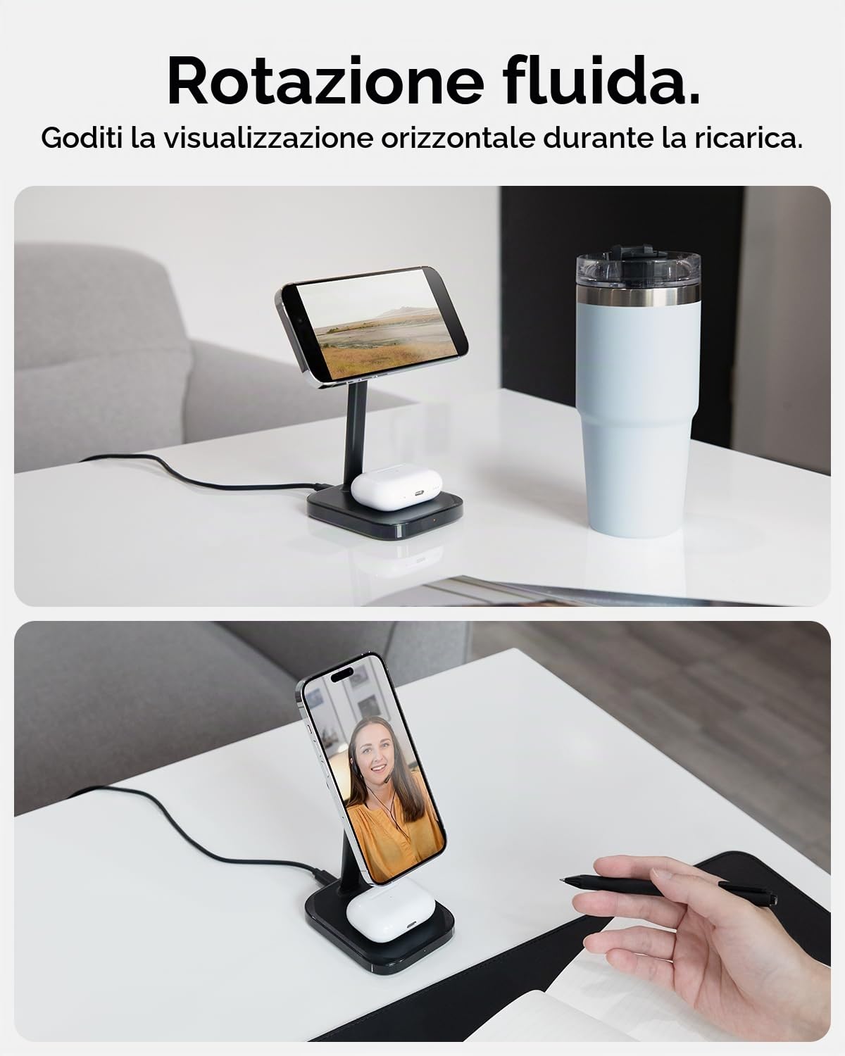Spigen MagFit 2-in-1 Qi2 15W Caricatore Wireless iPhone con Supporto MagSafe [Cavo USB-C 2 M Incl.] Per iPhone 17/16/15/14 Pro Max 17e, Samsung Galaxy S26, Pixelsnap per Pixel 10 e AirPods/Pixel buds